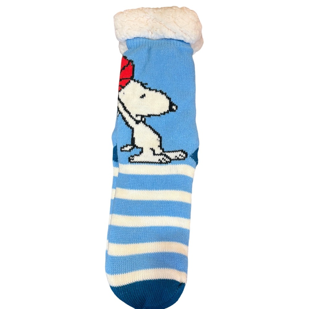Peanuts Snoopy Slipper Socks Sherpa Lined Blue White Striped NWT One Size